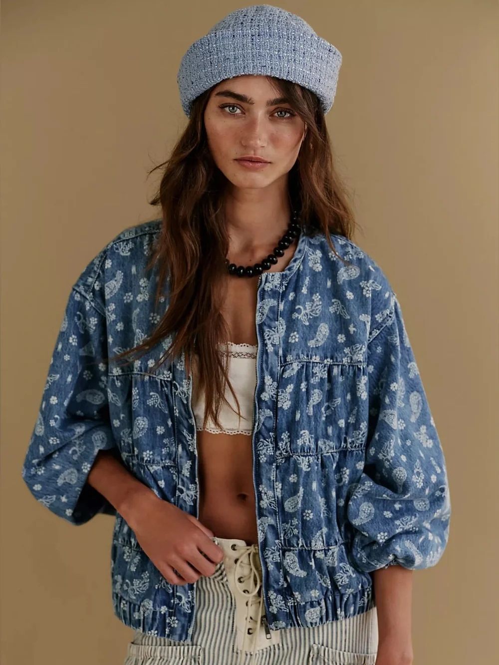 We The Free Layla Printed Denim Jacket Size L